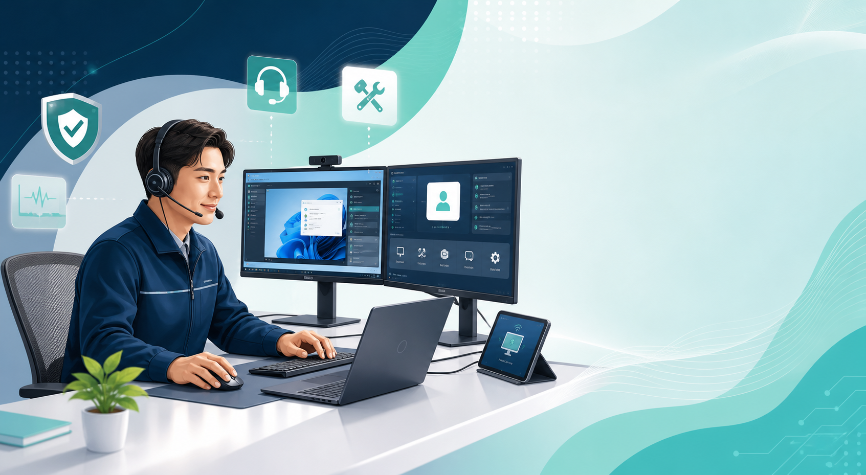 원격지원 서비스 엔지니어와 원격 데스크톱 일러스트